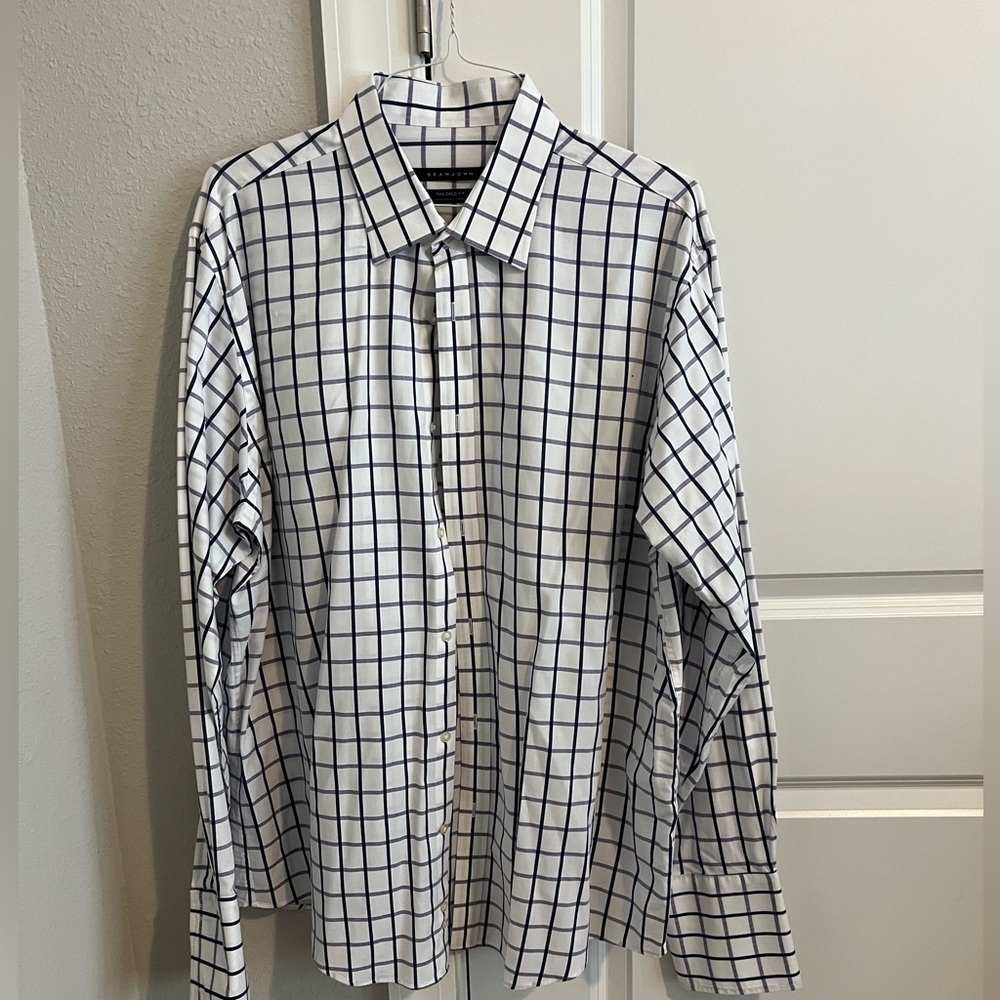 Sean John Navy and Purple Striped White Grid Dress Shirt Size 18 36/37
